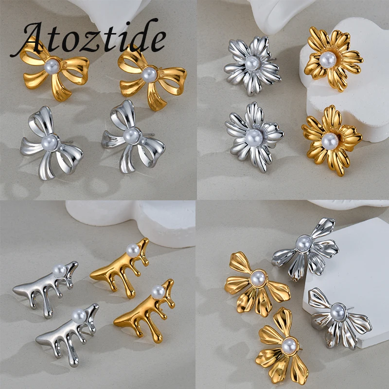 Atoztide Fashion Flower Earrings for Women Stainless Steel Trenday Irregular Imtation Pearl Stud Earring Birthday Jewelry Gift