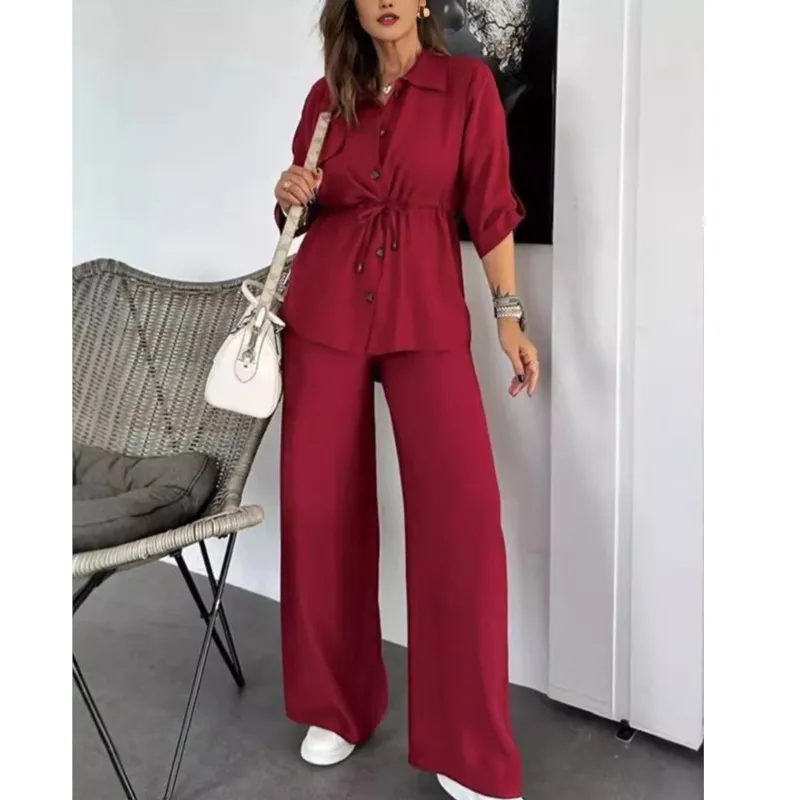 Fashionable Casual Women's Spring Drawstring Patch Pocket Long-sleeved Top + High-waisted Trousers Two-piece Set