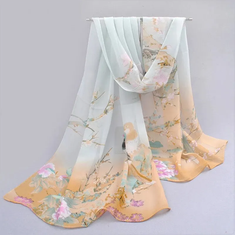 Spring Summer Printed Chiffon Silk Shawls Magpie Scarf Compact Lightweight Scarf Travel Sun Protection Scarf Wraps For Women