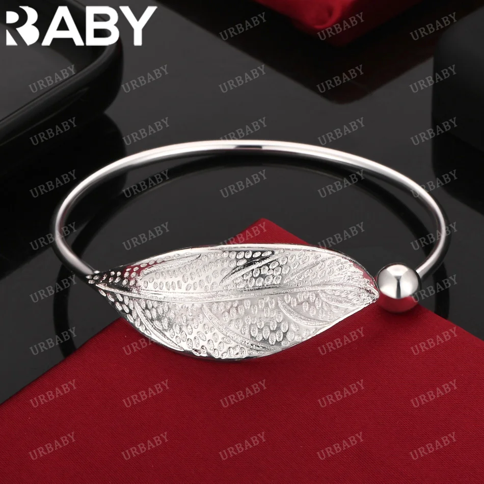 

URBABY 925 Sterling Silver Bangle Big Leaves Bracelet For Women Jewelry Fashion Party And Daily Wear