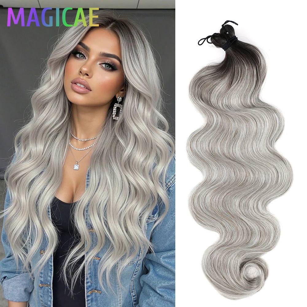 3Pcs 300G 26Inch Ombre Grey Crochet Braids Body Wave Light Ombre Brown 6# Highlight SP4/27/613 High Temperature Synthetic