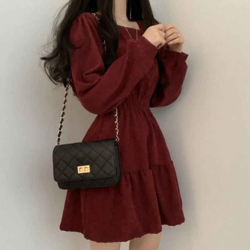 Long Sleeve Dress Women Autumn Vintage Temperament A-line Tunic Fashion All-match Vestidos Korean Style Simple Solid Cozy Mini