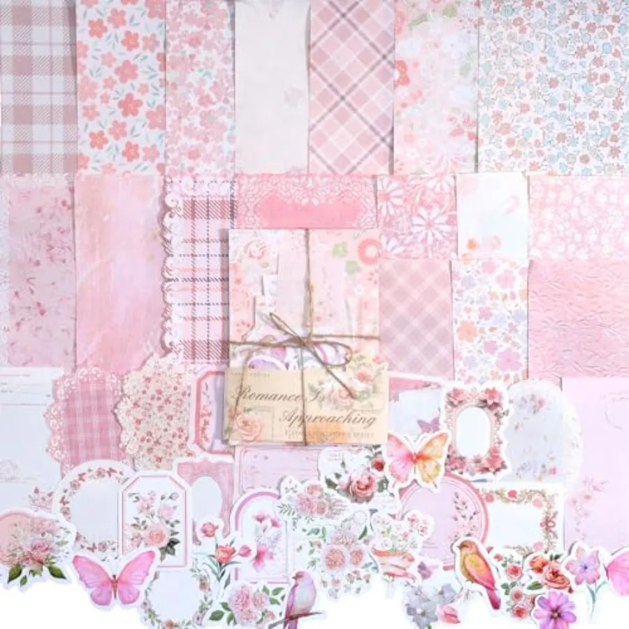 

100 Pcs Vintage Floral Scrapbook Paper Pink Scrapbook Paper Journaling Sticker Journal Supplies for DIY Art Craft Background Ca