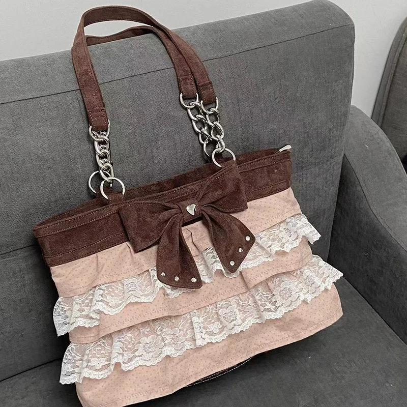 Korean Retro Cake Layers Shoulder Bag Gentle Bow Lace Trim Color-blocked Handbag Elegant Pleated Skirt Hem Frosted Tote Bags