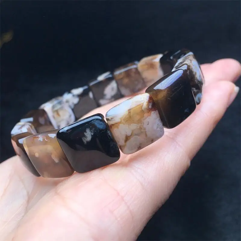 13MM Natural Black Flower Agate Bangle Men Women Colorful Charm Yoga Healing Bangles Fashion Handmade Gift 1PCS
