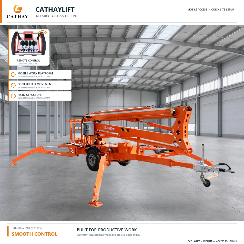 Factory Direct Sale 12-28m Electric Telescopic Spider Man Lift Trailer Mounted Boom Lift Cherry Picker Lift with Remote Control
