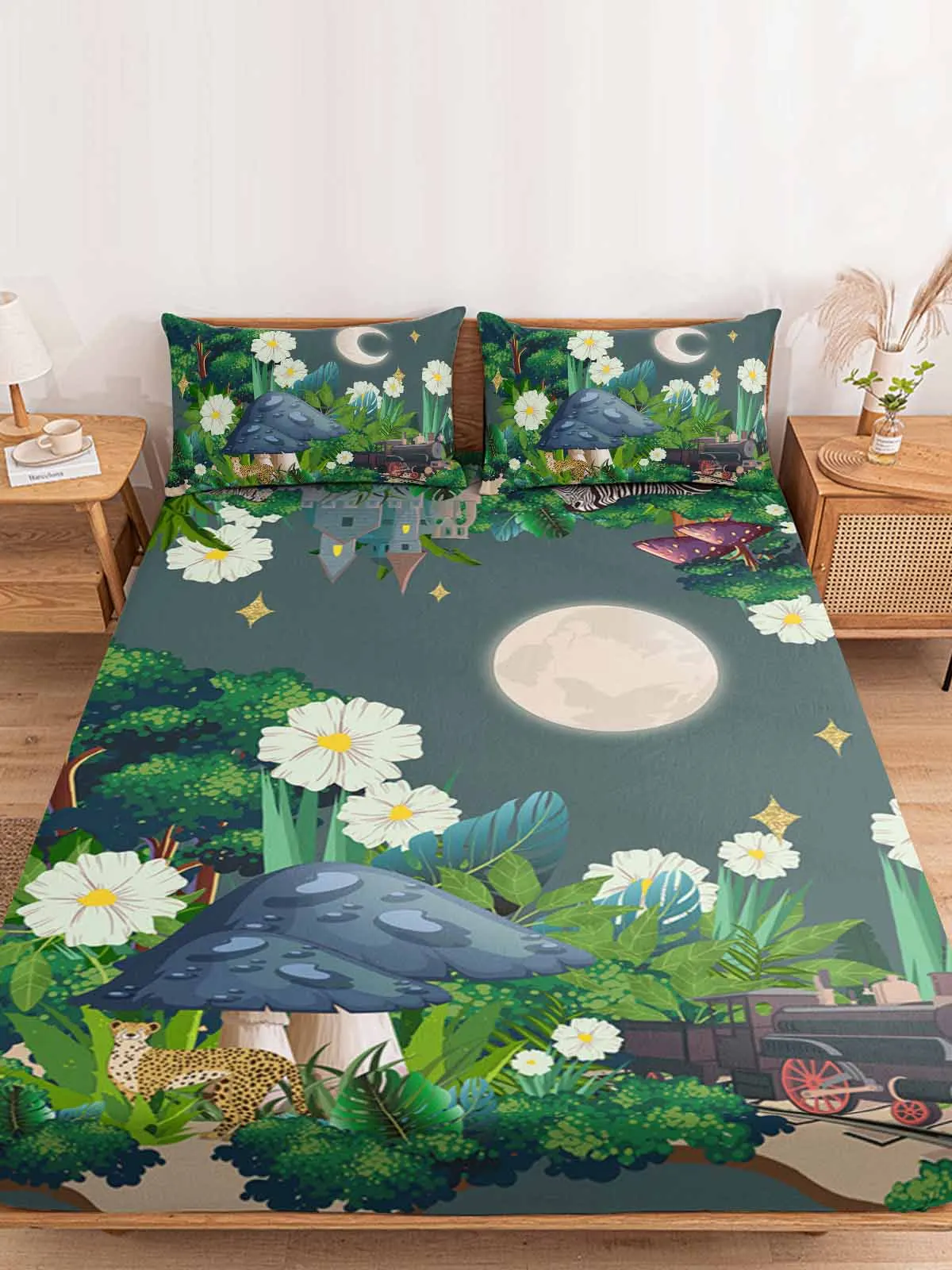 Jungle Tropical Plant Flower Polyester Fitted Sheet Mattress Cover Four Corners Elastic Band Bed Sheet Pilllowcase