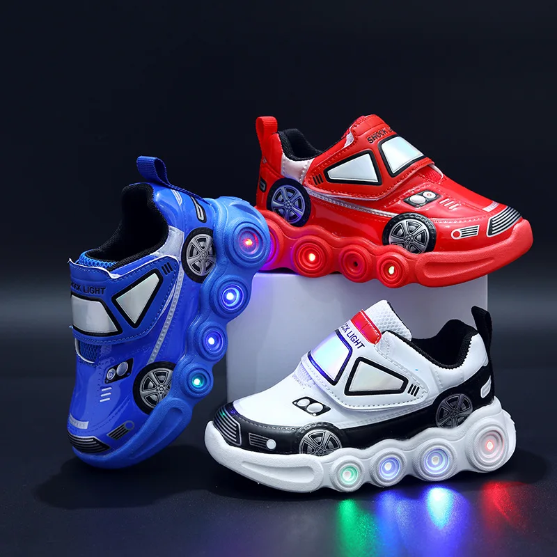 2024 Autumn New Boys LED Light Shoes Cartoon Car Children's Sports Shoes 1-6 Year Old Kids Luminescent Running Shoes