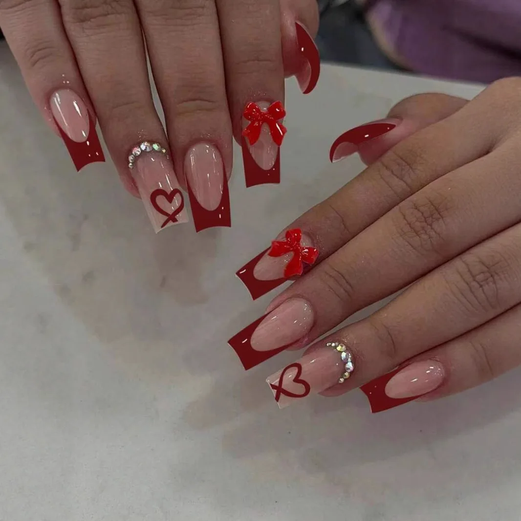 

24Pcs Mid-length Square Fake Nails Red French Love Heart Design False Nails Press on Rhinestone Detachable Full Cover Nails Tips