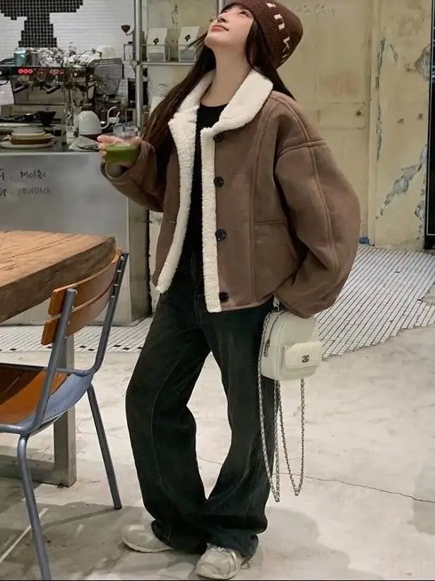 

Свободная корейская мотоциклетная куртка из искусственного меха для женщин и молодежи, большие размеры, с длинными рукавами, отложным воротником