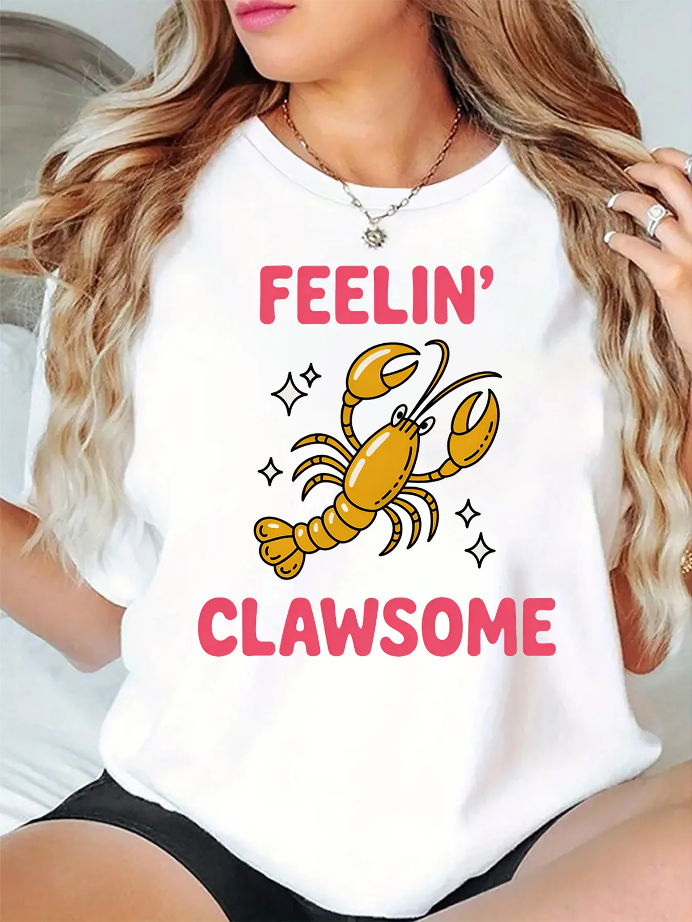 Feelin Clawsome Funny Lobster Sea Creature Graphic Womens T Shirt Short Sleeve Crew Neck Humorous Casual Daily Ladies Tee Tops