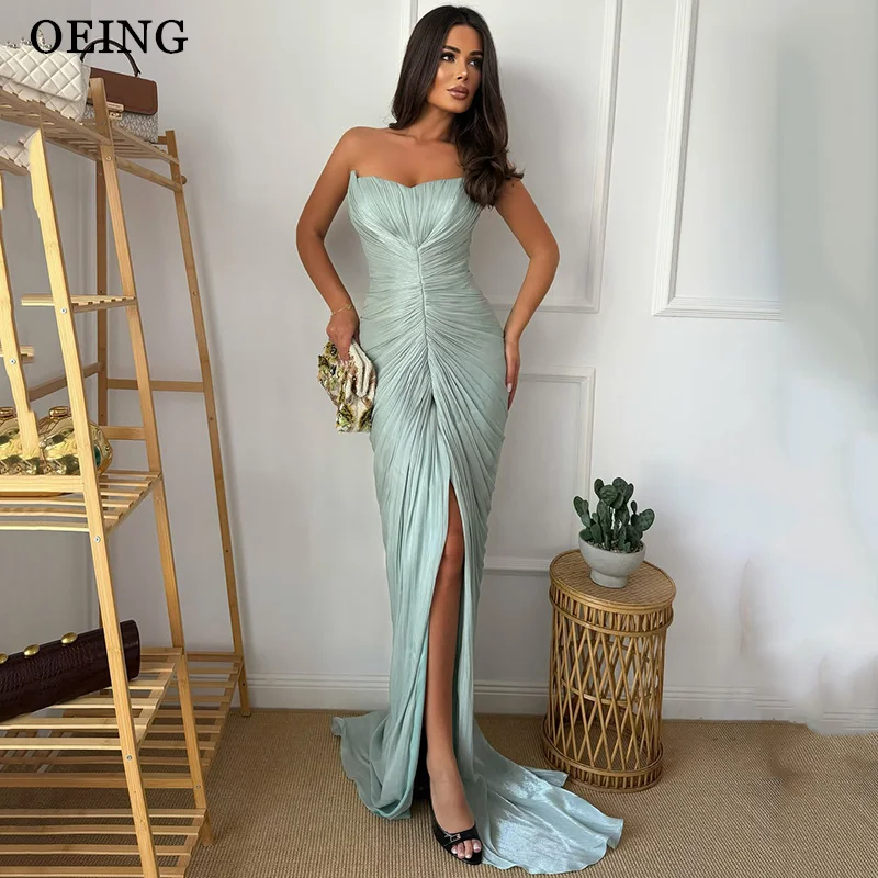OEING Elegant Mermaid Sky Blue Prom Dresses Boat Neck Pleated Maxi Party Dresses High Slit Evening Dresses 2026 Customized