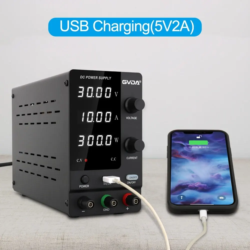 GVDA Adjustable DC Power Supply 30V 10A 60V 5A Lab Bench Power Source Stabilized Voltage Regulator 120V 3A with Rotary Encoder