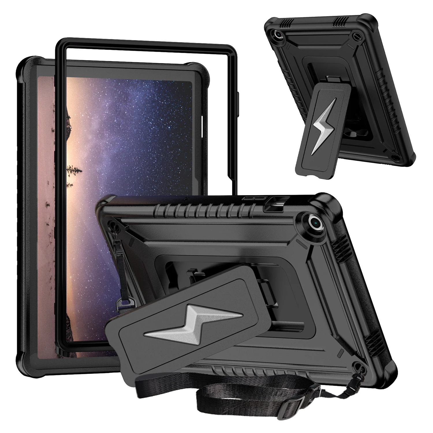 For Samsung Galaxy Tab A9+ Case Kickstand PC + Silicone Tablet Cover with Shoulder Strap - Black