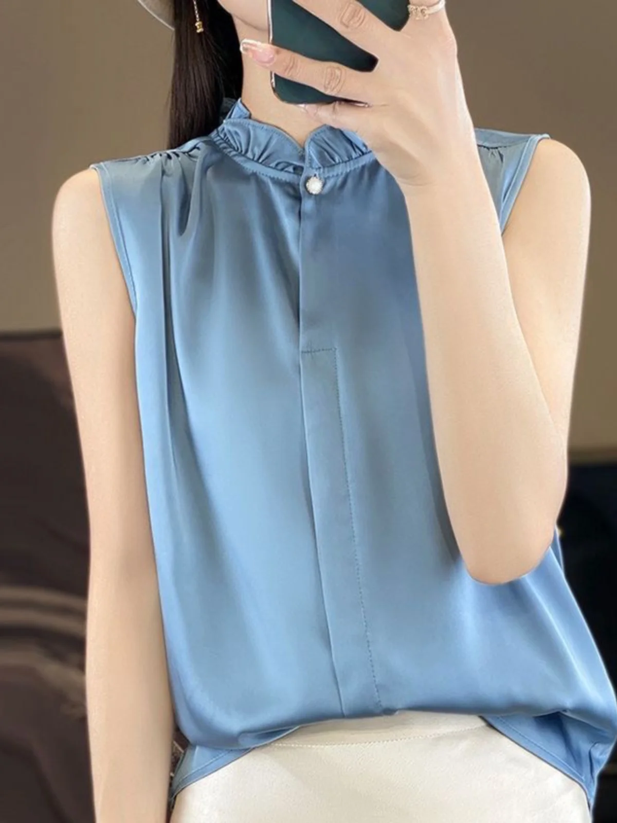 

Шелковый топ без рукавов с кружевной отделкой и воротником-стойкой, свободный летний топ-футляр, женская базовая майка без рукавов