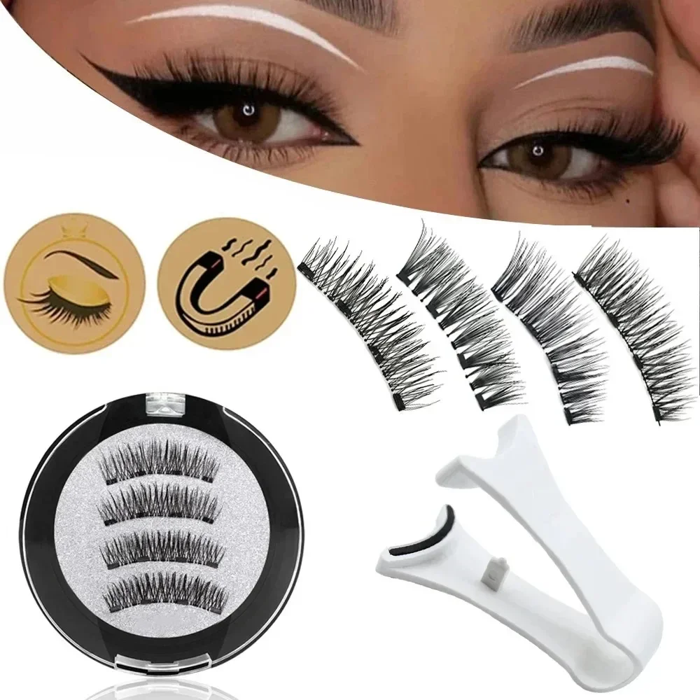 4pcs Magnetic False Eyelashes Women 3D Natural False Eyelashes Reusable Magnet Clip Set Lashes Extension Magnet Lash Tweezers