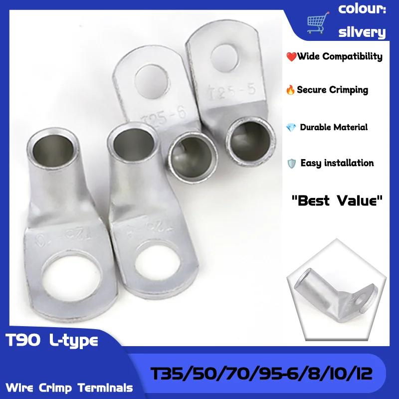 

1 ~ 50pcs T35/50/70/95-6/8/10/12 L-type Right Angle Wire Terminals 90 Degree Bend Nose Tinned Copper Crimp Connector Cable Lugs
