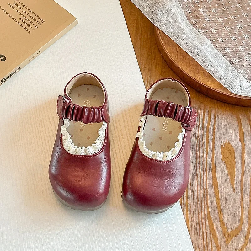 Girls' Solid Color Lace-trimmed Pu Leather Shoes, New Style, Performance Shoes for Little Girls,Children.