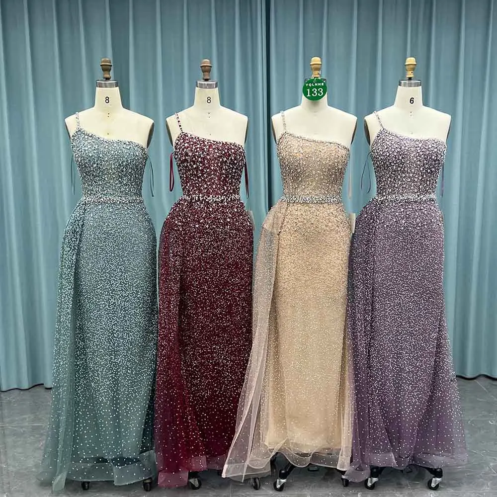 

YQLNNE 0133 Rose Gold Crystals Evening Dress One Shoulder Side Cape
