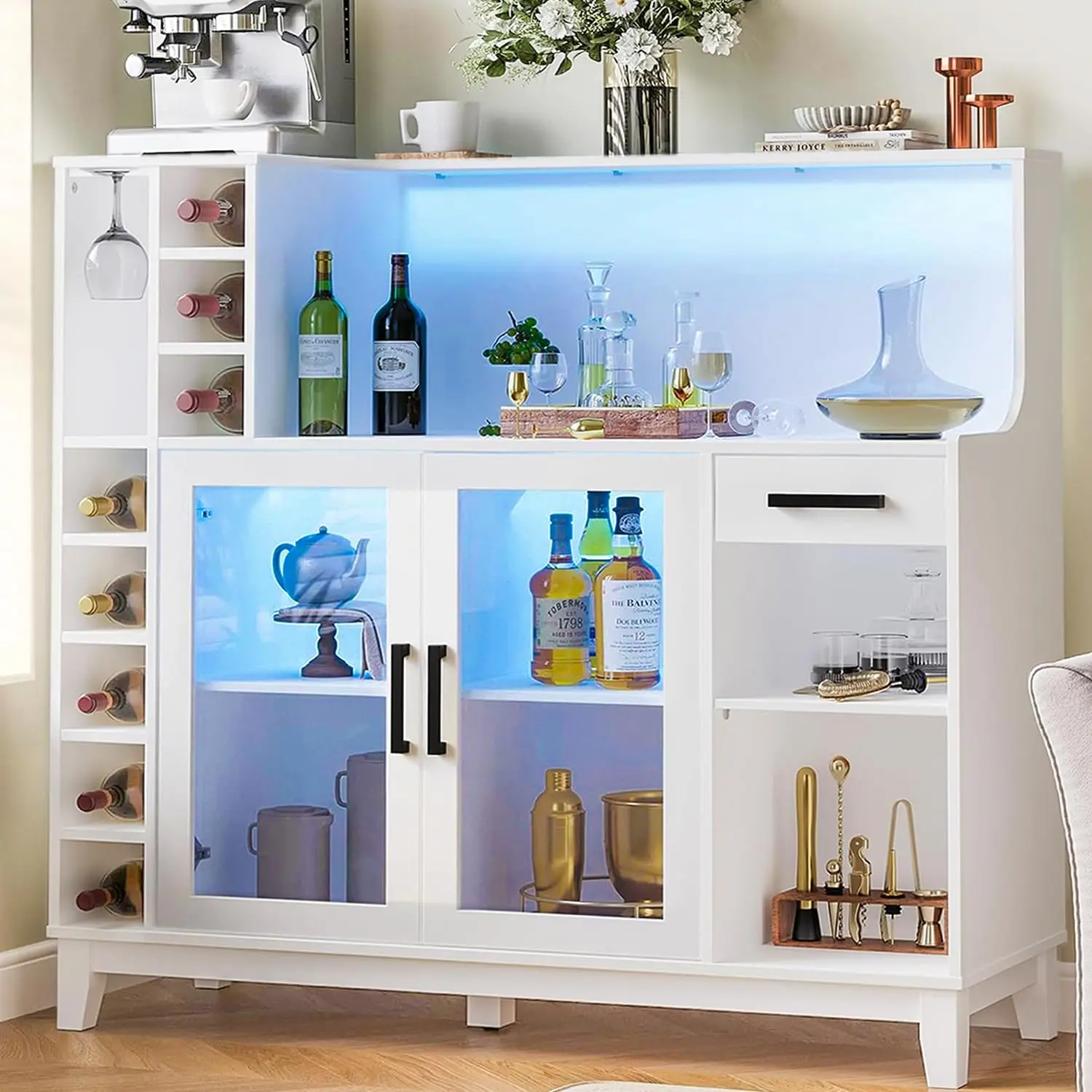

47" Bar Cabinets for Home, Wine Cabinet with Storage, LED Lights and Wine Holder, Liquor Cabinet Bar for Home Kitchen Dining Roo