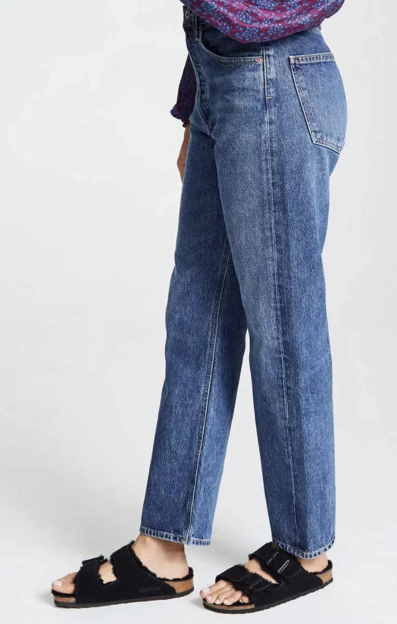 Jeans a gamba dritta a vita alta in stile Boyfriend Micro elastico europeo e americano da donna