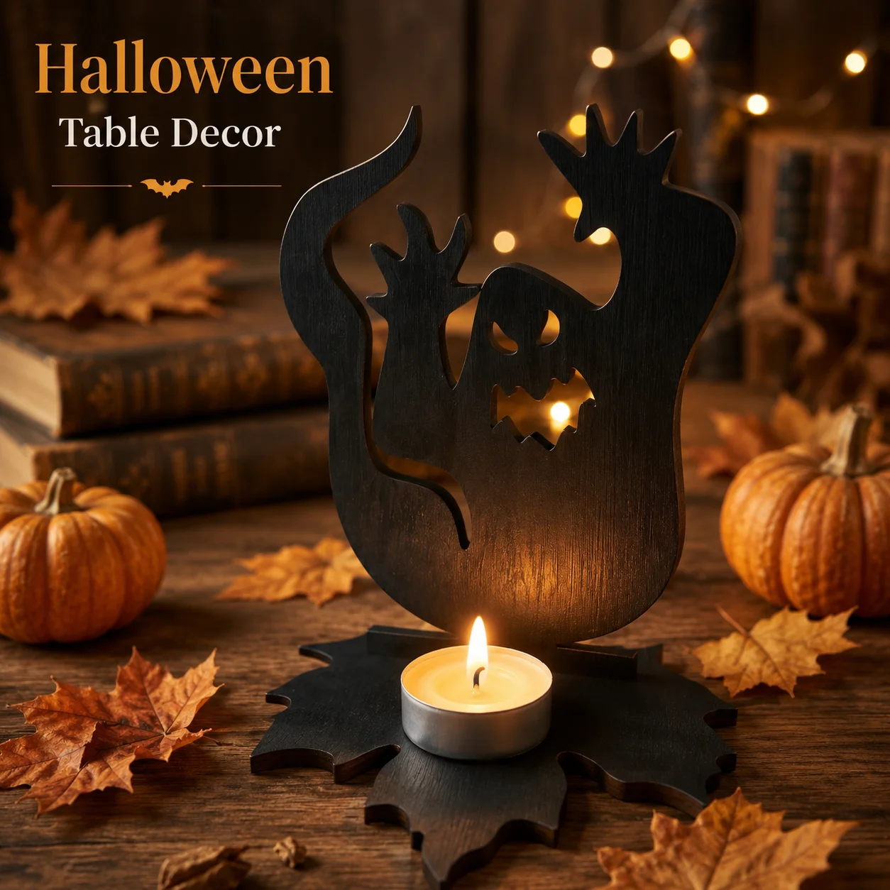 Reversible Halloween Wooden Ghost Tea Light Candle Holder