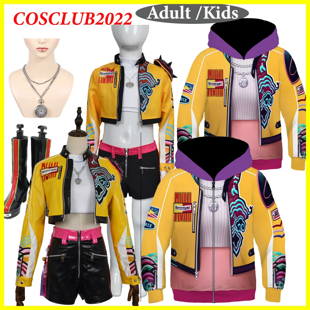 

Руми Косплей Взрослые Дети Демоны Мультфильм Охотник KPop Желтый Костюм Парики Группа Девушки Женщины Толстовки Сапоги Детская Одежда Костюм