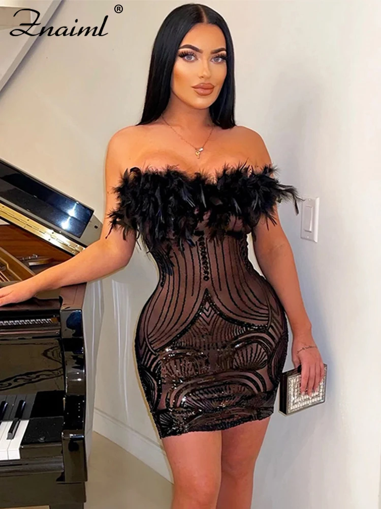 Znaiml Women Sexy Club Party Night Feather Strapless Birthday Dresses Elegant Backless Mesh See Through Patchwork Sequin Robe