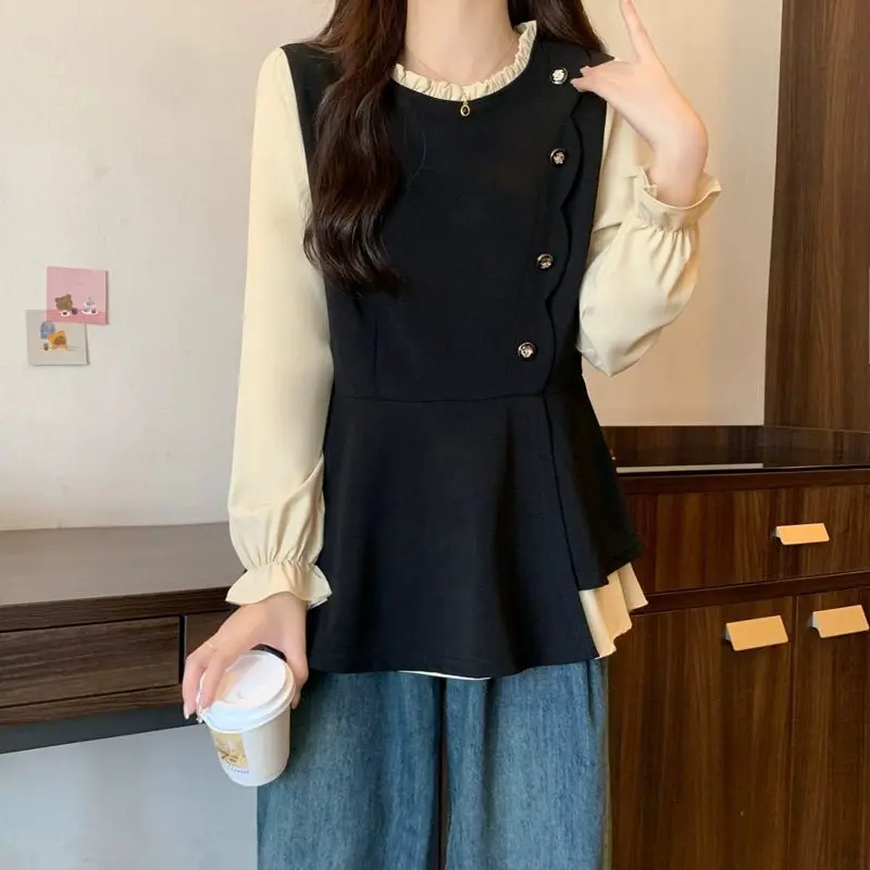 Fake Two Long Sleeved Shirts for Women in Spring French Style Waist Cinched Mid Length Fat Mm Slimming and Belly Covering Top