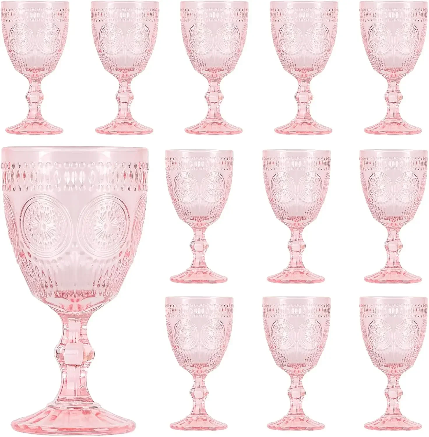

Valentine's Day Pink Glass Goblets Wine Glassware, 10 oz Vintage Wine Glasses Set of 12, Romantic Wedding Glass Set, Embossed Dr