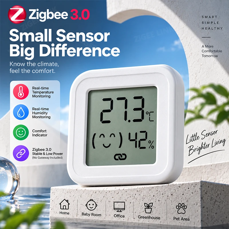 High Precision Zigbee3.0 Temp Humidity Sensor Accurate Readout LCD Screen Home Climate Gauge Work with Alexa Google Home