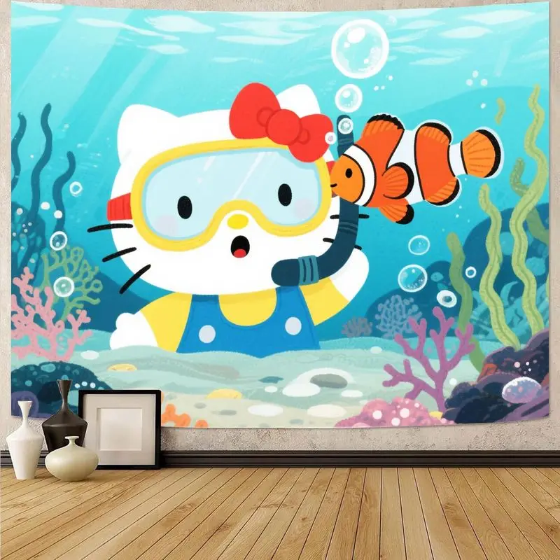 

1 шт. Sanrio Hello Kitty подводный гобелен для подводного плавания с рыбой-клоун, кавайный мультфильм полиэстер настенное искусство для детей Декор для спальни G