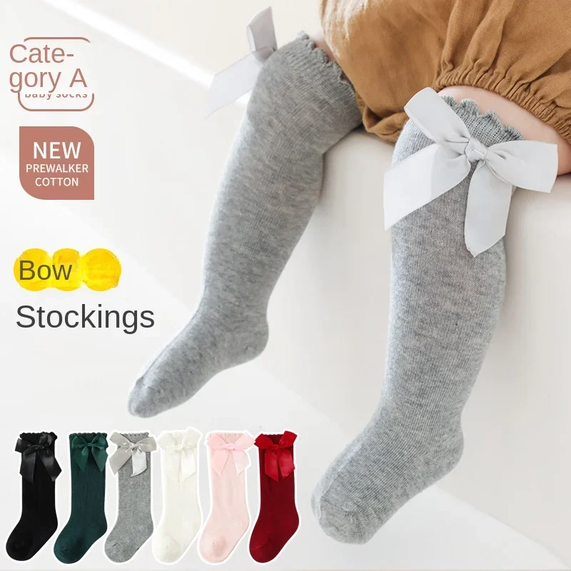 Calcetines hasta la rodilla con lazo para niña, calcetín de princesa para estudiante, calcetines de algodón de Color sólido, ropa para recién nacido