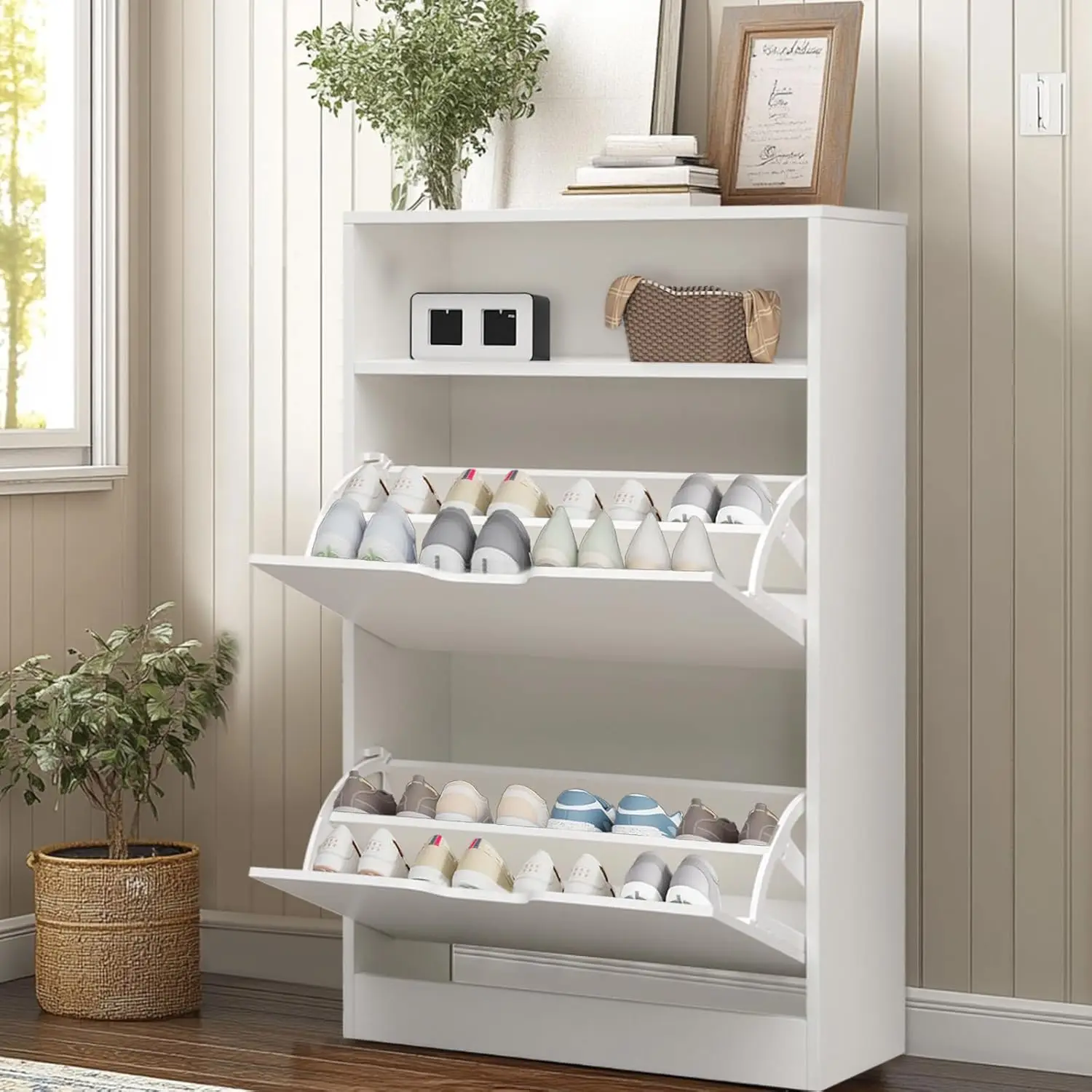 

Shoe cabinet with 2 flip-top drawers, slim freestanding storage rack, hidden narrow shoe rack