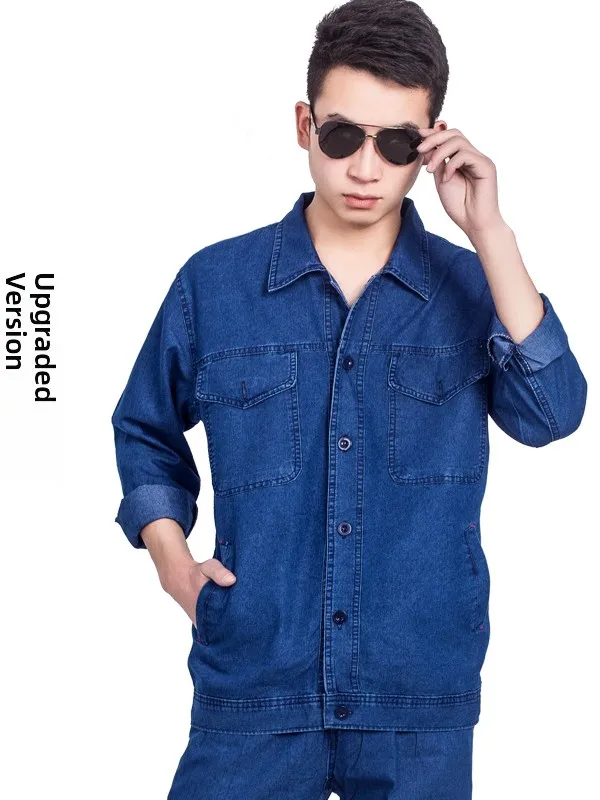 

Upaded Men's Denim Workwear Suit Long Sve Spring Autumn Wear Resistant Dir Labor Protection Welding orm