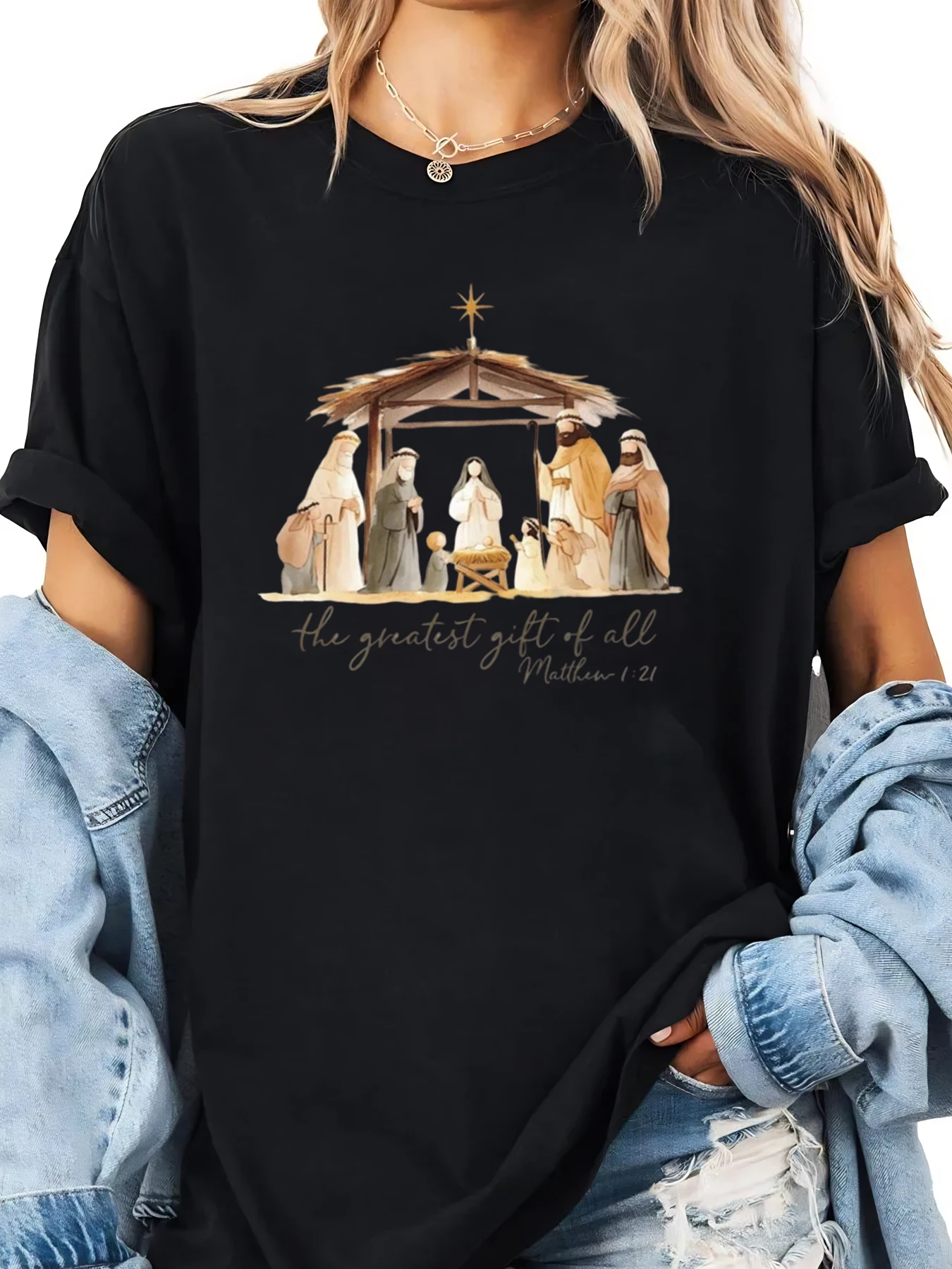 Nativity Scene The Greatest Gift of All Matthew 1 21 Christmas T-Shirt Women Casual Wear Holiday Outfit Black Plus-size