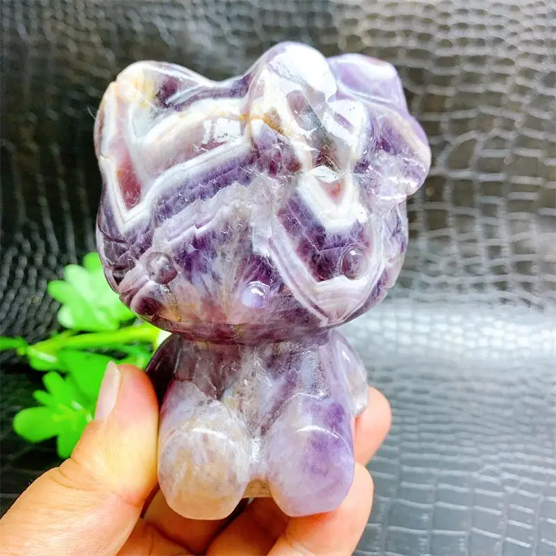 

9.5CM Natural Dream Amethyst Crystal Cartoon KT Cat Carving Animal Statue Healing Gemstone Crafts For Children Birthday Gift 1pc