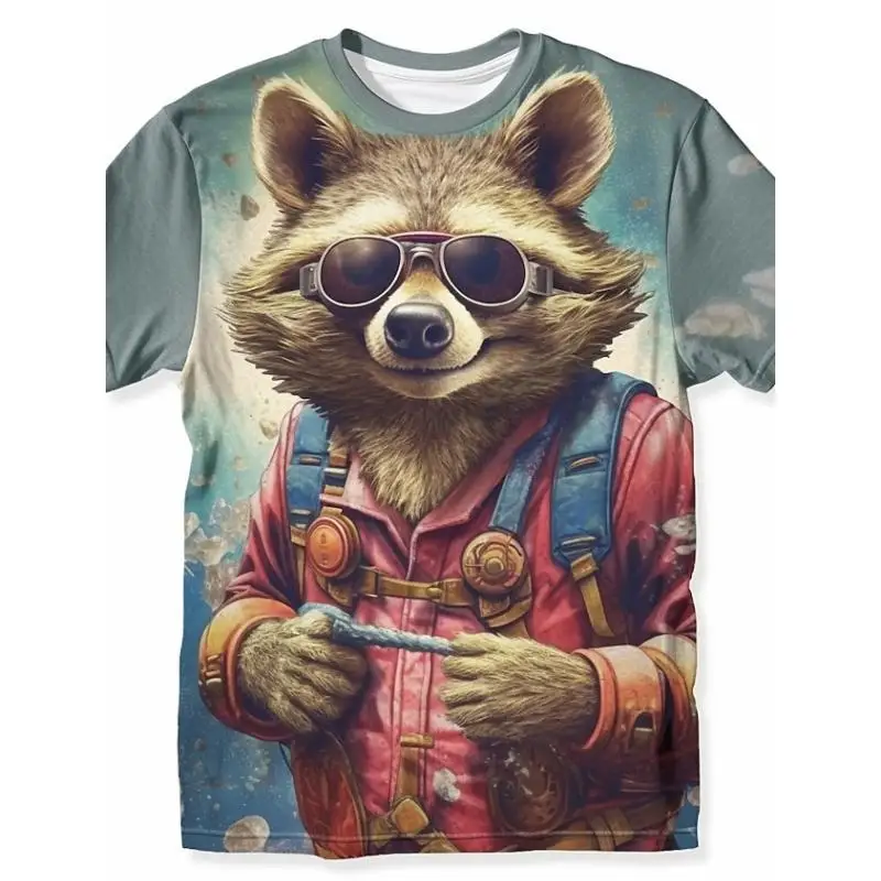 Men 3D Full Print Tee Pilot Raccoon With Goggles Cartoon Crew Neck Casual Summer Top
