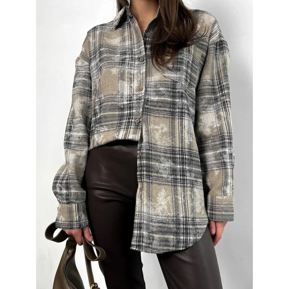 Zekye Spring Women Shirts Distressed Plaid Blouses Gray Casual Cotton Long Sleeve Blouses Office Lady Loose Shirts Y2k