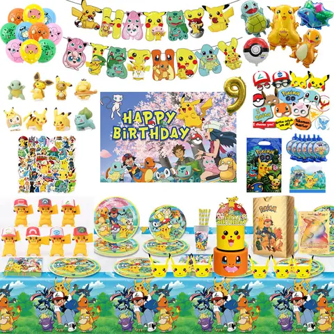 Pokemon Party Birthday Decoration Pikachu Foil Balloons Disposable Tableware Plate Napkin Backdrop For Kids Boy Party Supplies