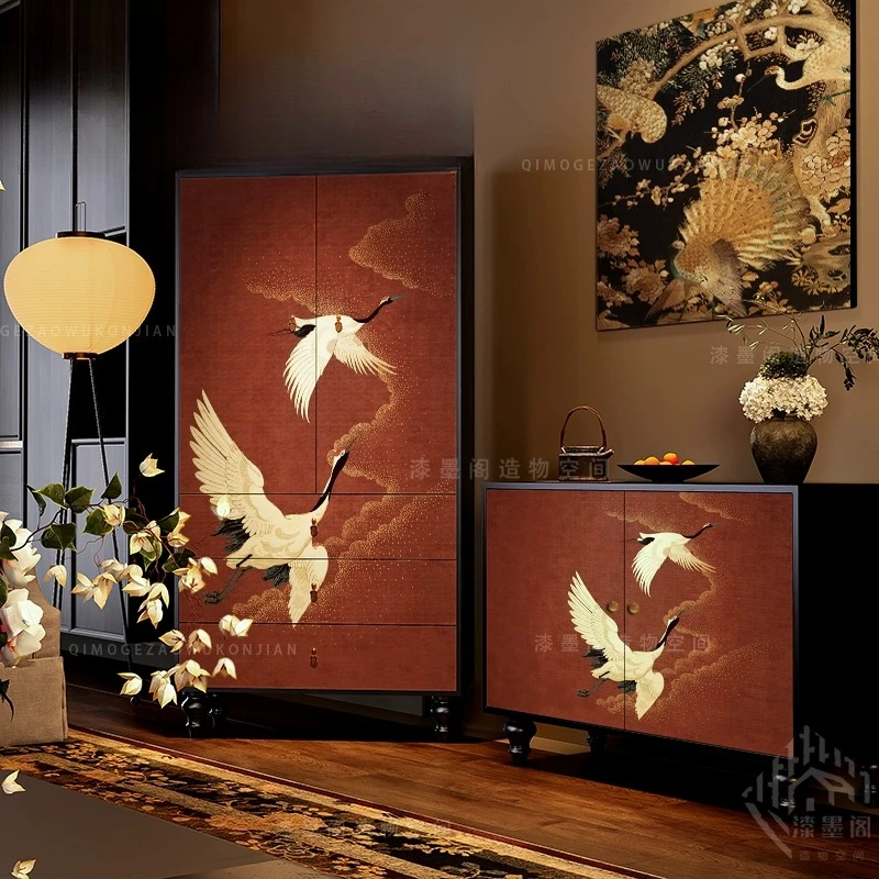 

French medieval crane paired wardrobe living room solid wood locker vertical cabinet porch multi-functional storage locker