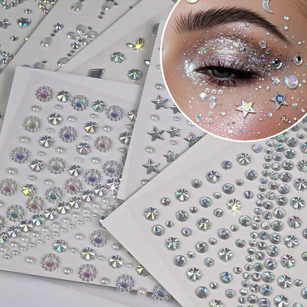 1Sheet 3D Bling Rhinestone Pearl Face Stickers White Crystal Star Snowflake Eye Gem Tattoos Sticker Tears Diamond Makeup Decor