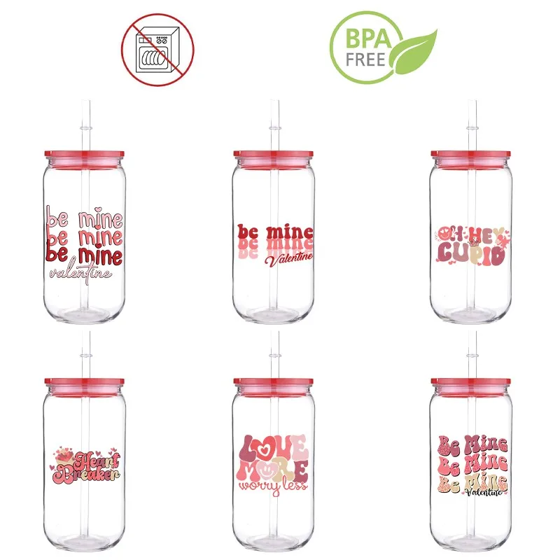 

Valentine Theme Design Series Printed Transfer BPA Free Plastic Straw Cup Comes With Sreaw And Cup Lid Can Coffee 16 OZ