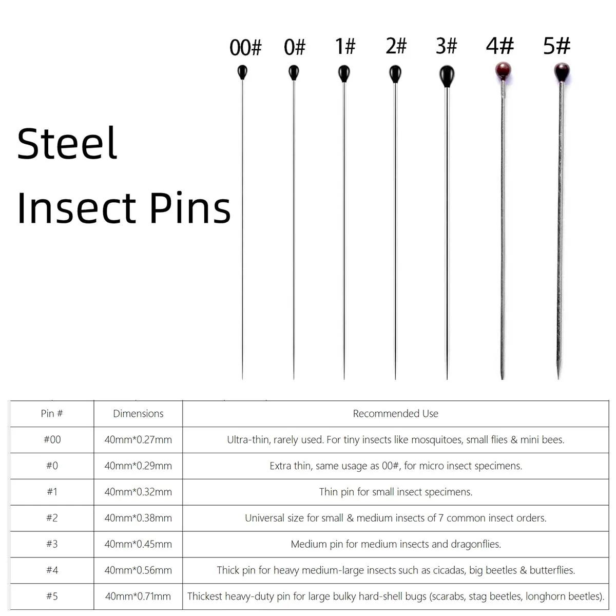 100Pcs Stainless Steel Insect Specimen Pins Entomology Dissection Needles 00#-5# for Lab School Biology Teaching Sample Mounting