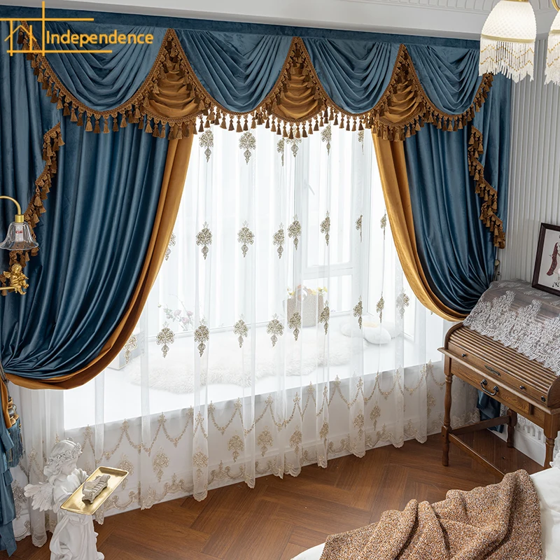 Customized Blue Orange Velvet Chenille Panel Blackout Curtains for Living Room Bedroom French Window Balcony Villa Customized