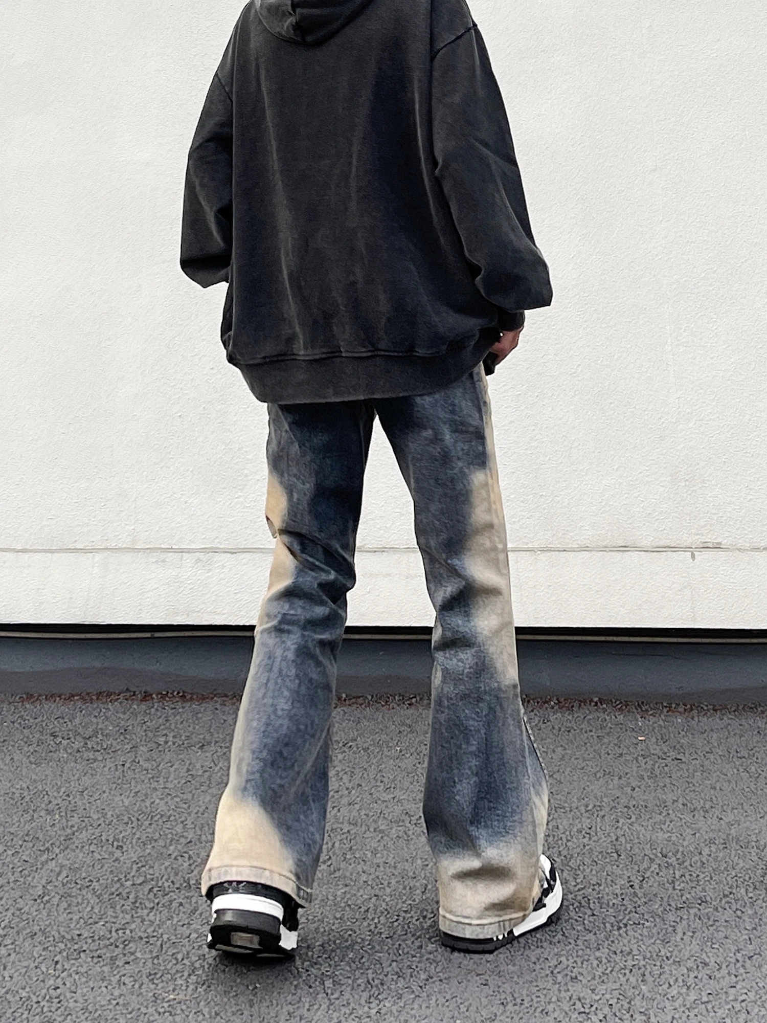 Jeans High Street American Vintage Wash Harajuku Y2K Spliced Jeans Men's Loose Flare Design Feel Pants
