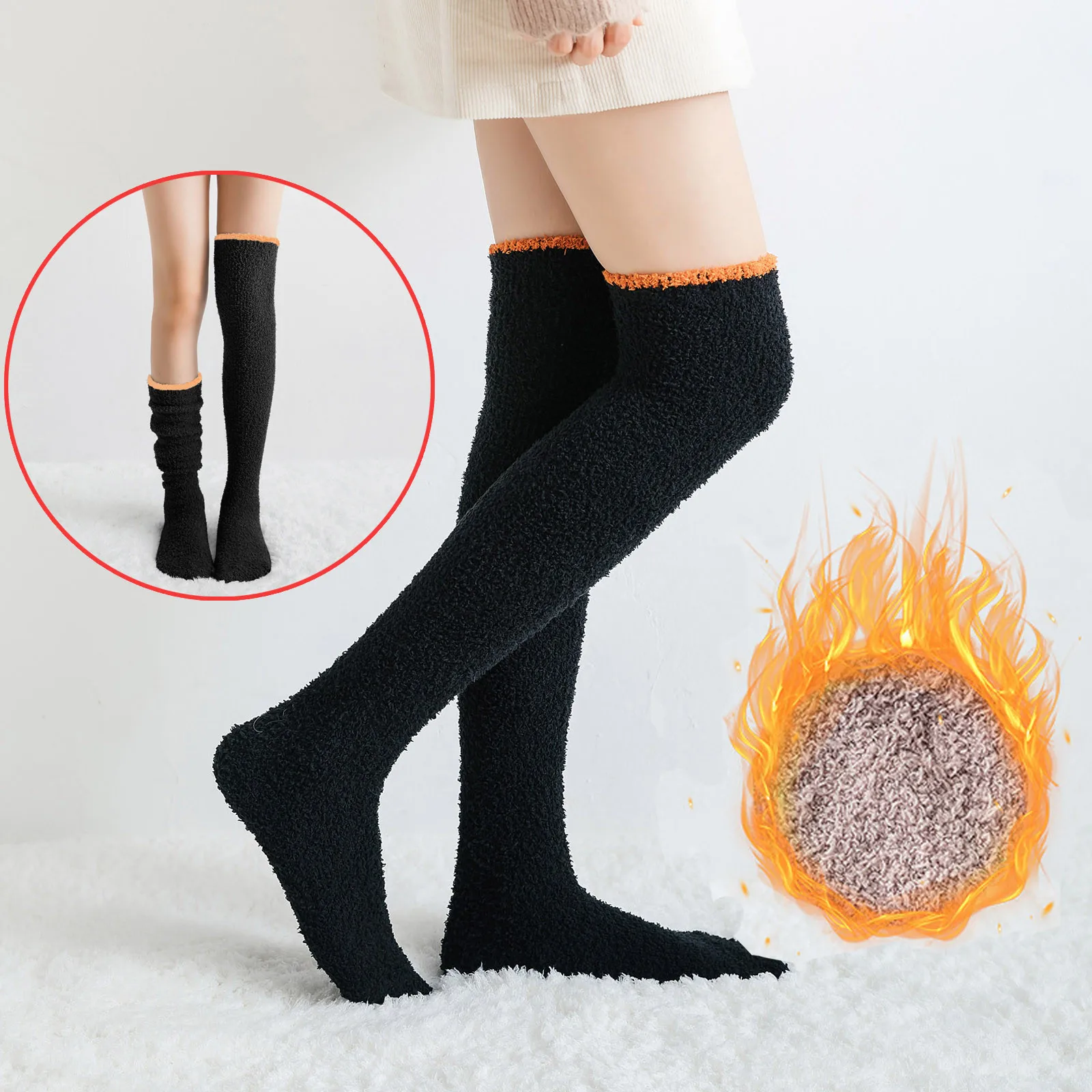 Women's Solid Fuzzy Socks Winter Warm Over Knee High Socks Home Thigh-High Warm Socks Leggings White Long Uniform Socks Stocking