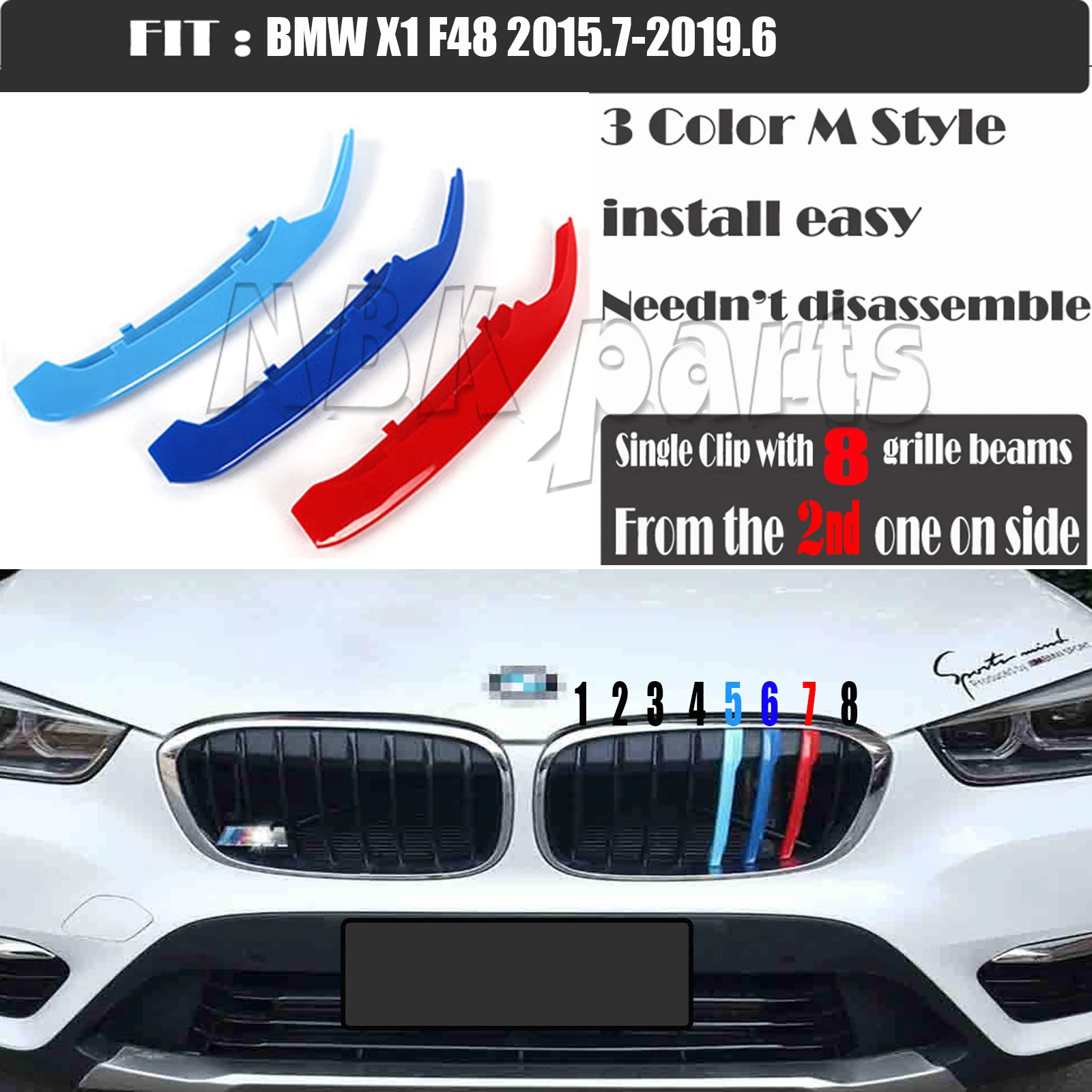 Fit 16-18 BMW X1 F48 SPORT LINE or M package Trim M-SPORT Design 3-Color Kidney Grille Clip Stripe with 8-slats