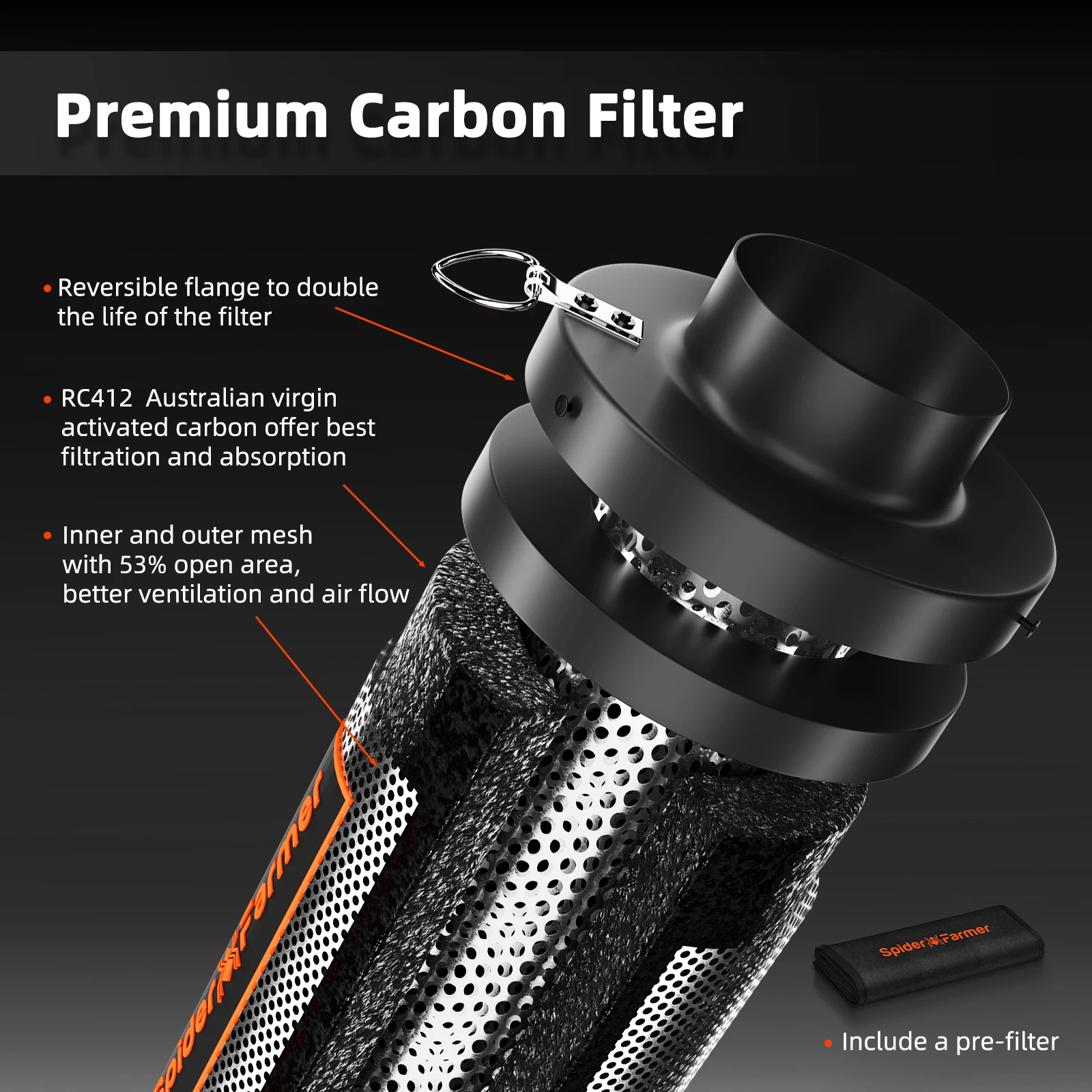 Spider Farmer 4"/6" Air Carbon Filter Odor Scrubber for Inline Fan Grow Tent Hydroponics Odor Control