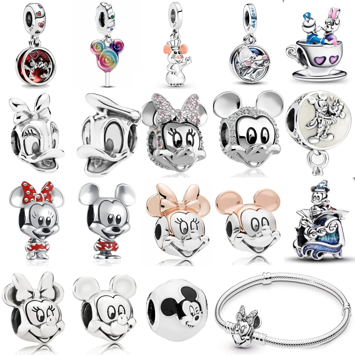 Herocross New 925 Sterling Silver Mickey Minnie Charm of ley 925 Chain Beaded Fit Original Pandora Bracelet DIY Ladies Jewelry